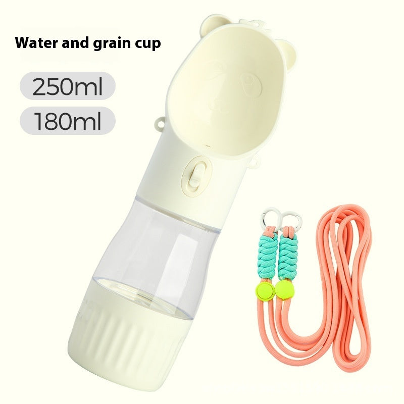 Hangzhou Jingqian portable dog water bottle with water and grain cup and attached leash in beige and clear