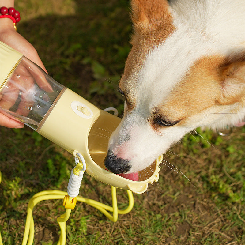 Dog drinking water from a yellow portable dog water bottle outdoors for small and big dogs