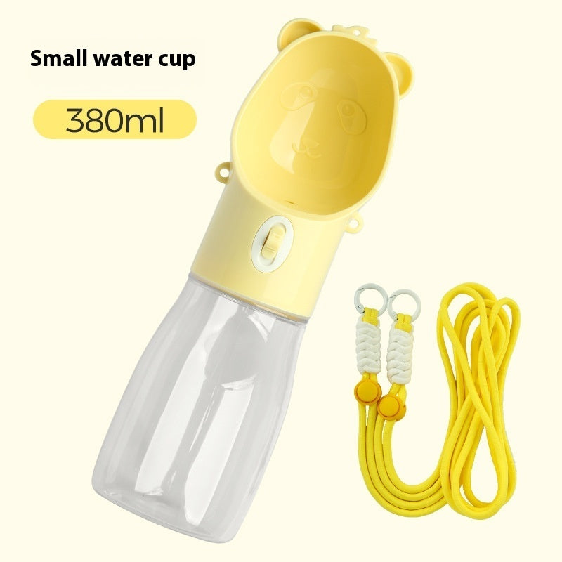 Portable dog water bottle with 380ml capacity and yellow small water cup for pets