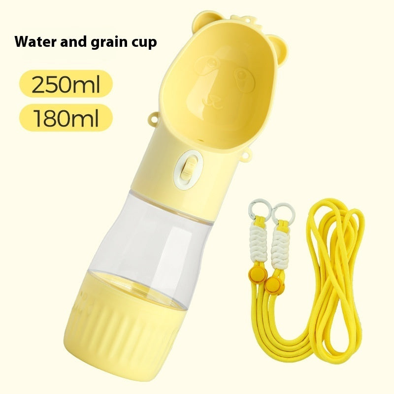 Yellow portable dog water bottle with water and grain cup capacity for small and big dogs