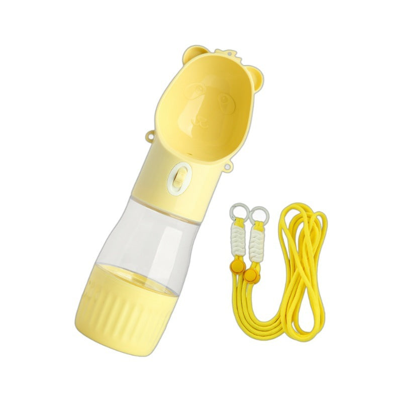Yellow portable dog water bottle with bear-shaped lid and detachable leash for small and big dogs