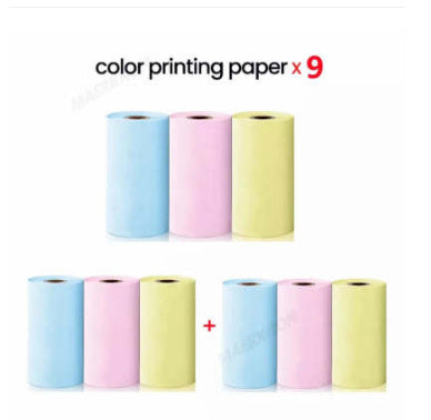 Nine rolls of color printing paper in blue pink and yellow for portable mini label printer