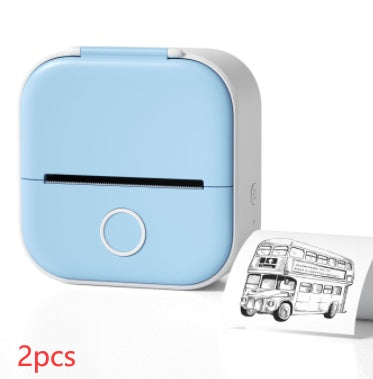Hangzhou Jingqian portable mini label printer in blue with thermal printing of a bus illustration