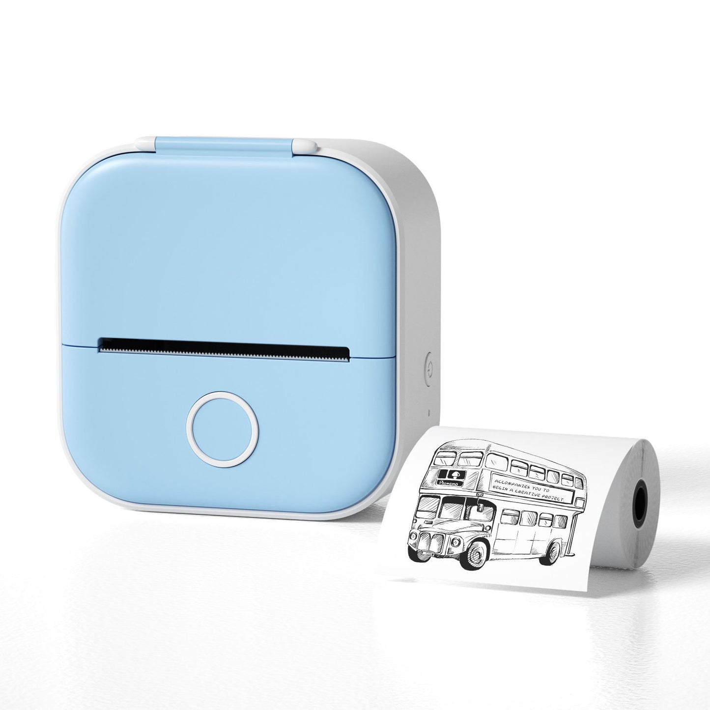Hangzhou Jingqian portable mini label printer in blue with thermal label printing a bus illustration