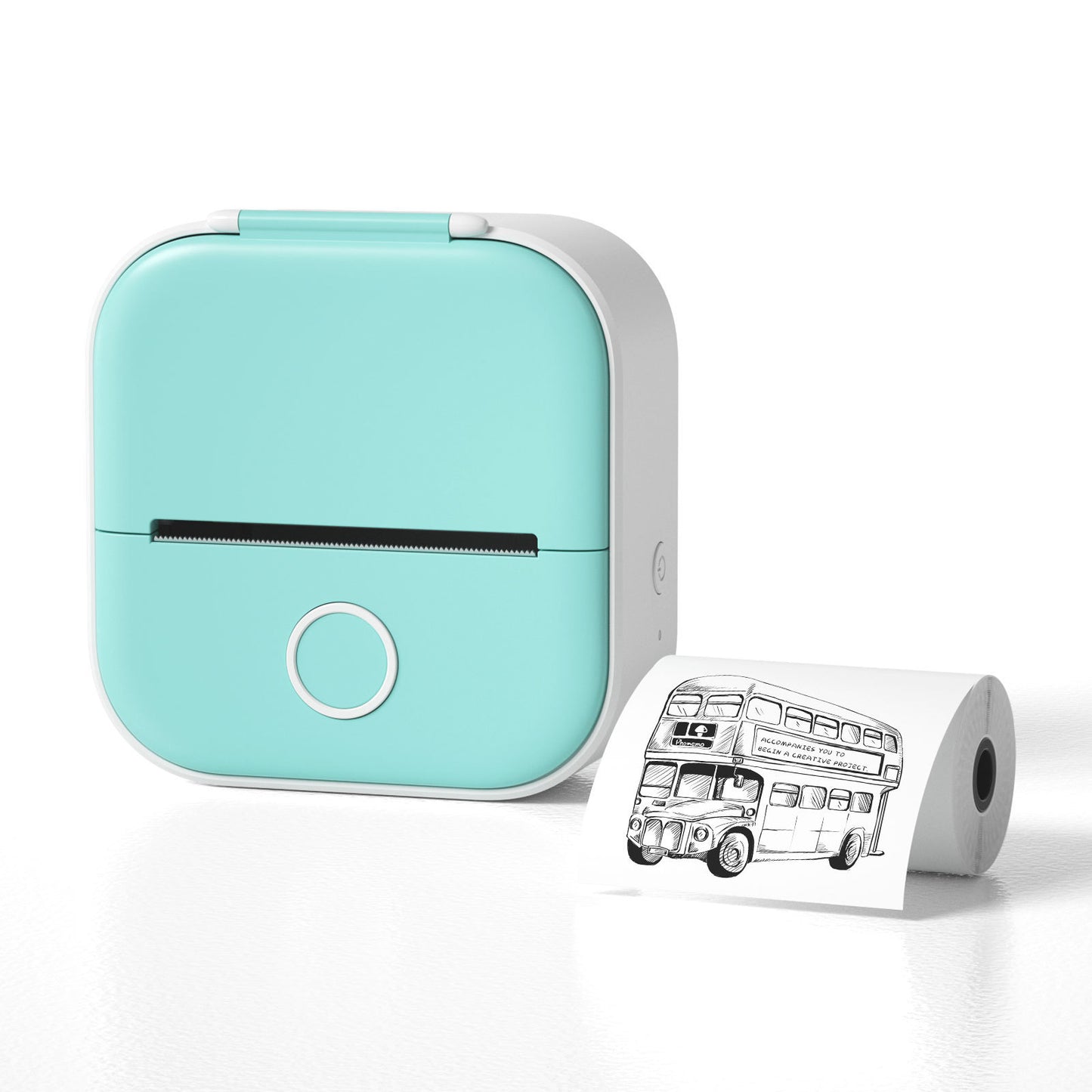 Hangzhou Jingqian portable mini label printer in mint green printing a bus sketch on thermal paper