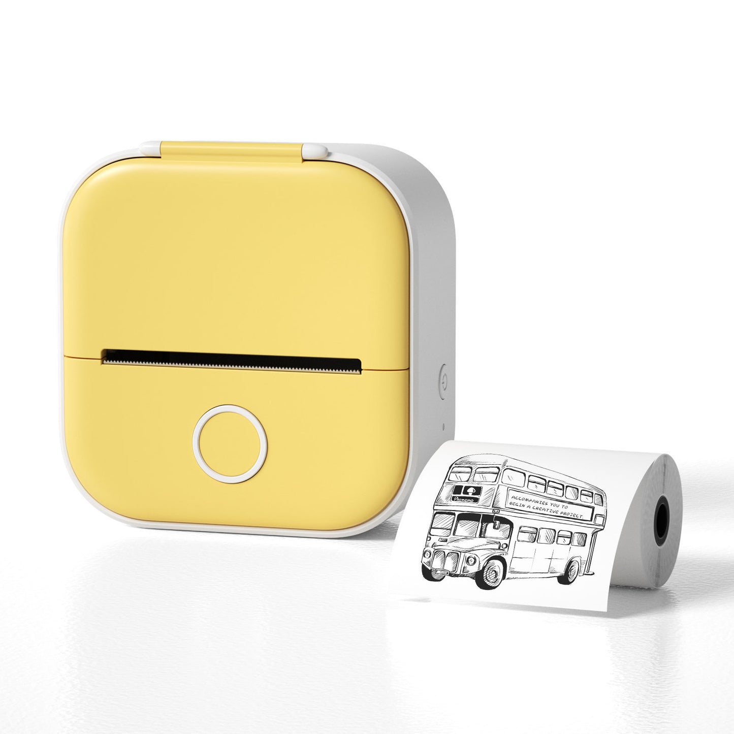 Yellow and white portable mini label printer by Hangzhou Jingqian printing a bus illustration