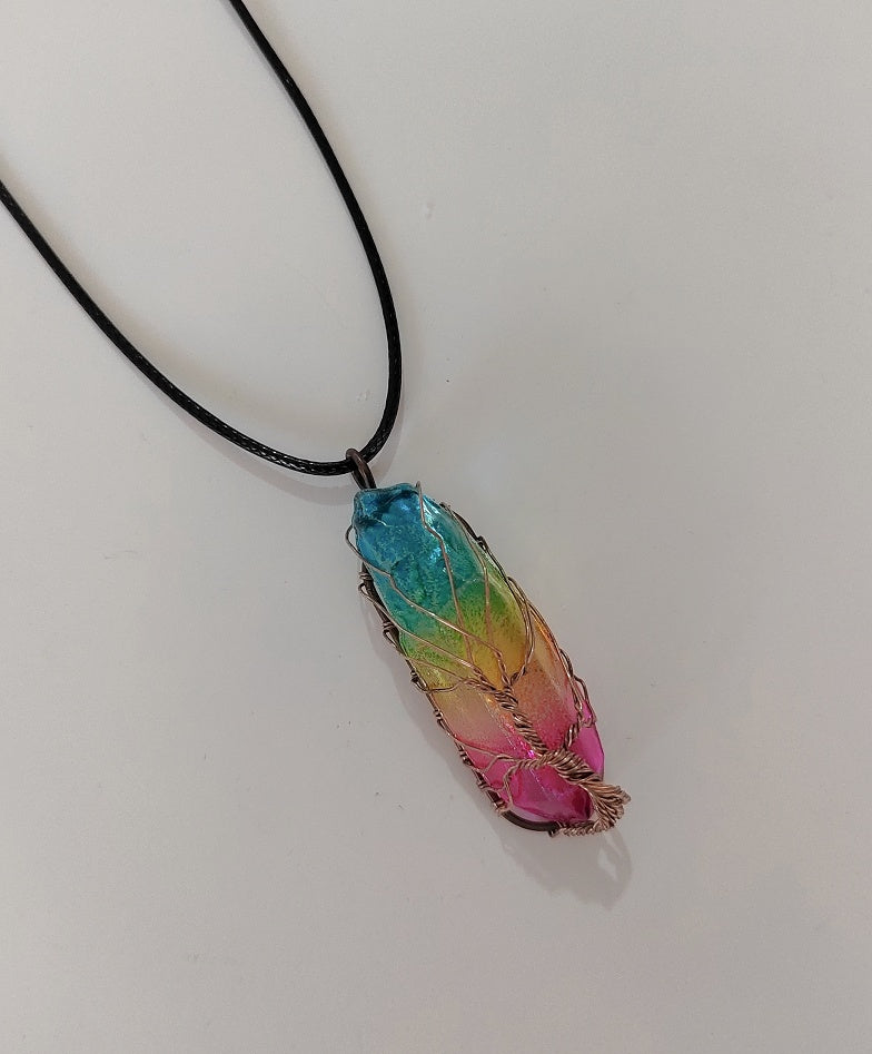 Rainbow stone jewelry for wellness pendant necklace with multicolor stone wrapped in wire on black cord
