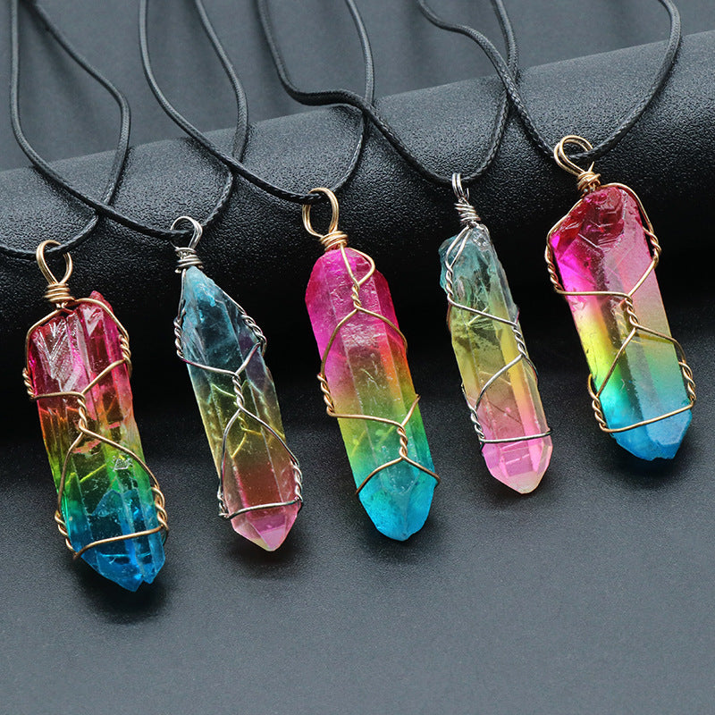Rainbow stone jewelry for wellness with multicolor crystal pendants wrapped in wire on black cords