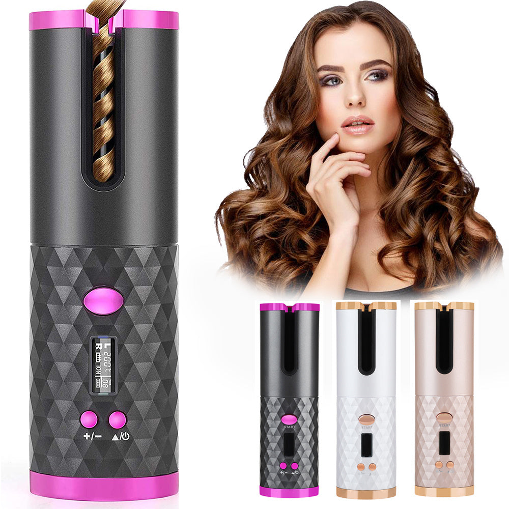 Rechargeable automatic hair curler with LCD display and three color options featuring a woman with styled curly hair