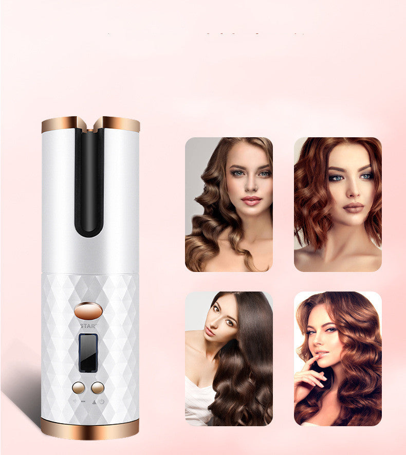 Women portable rechargeable automatic hair curler with LCD display and models showing various curly hairstyles