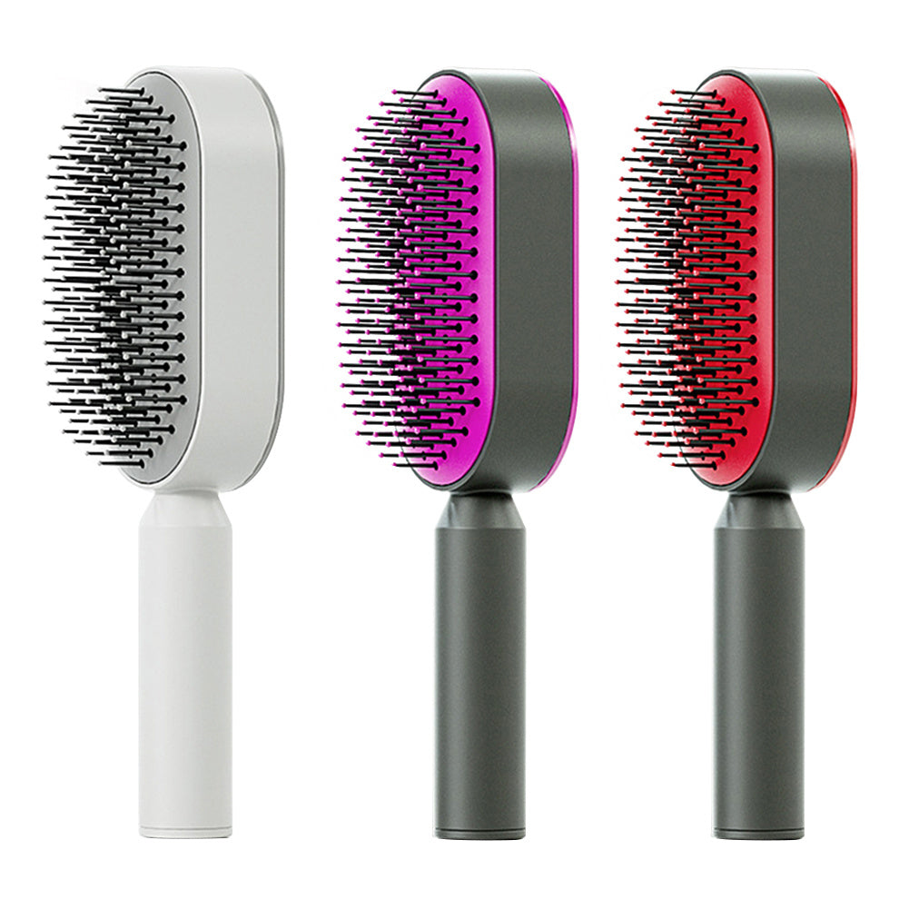 Yiwu Renfan self cleaning hair brush set with airbag massage feature in white, purple, and red colors