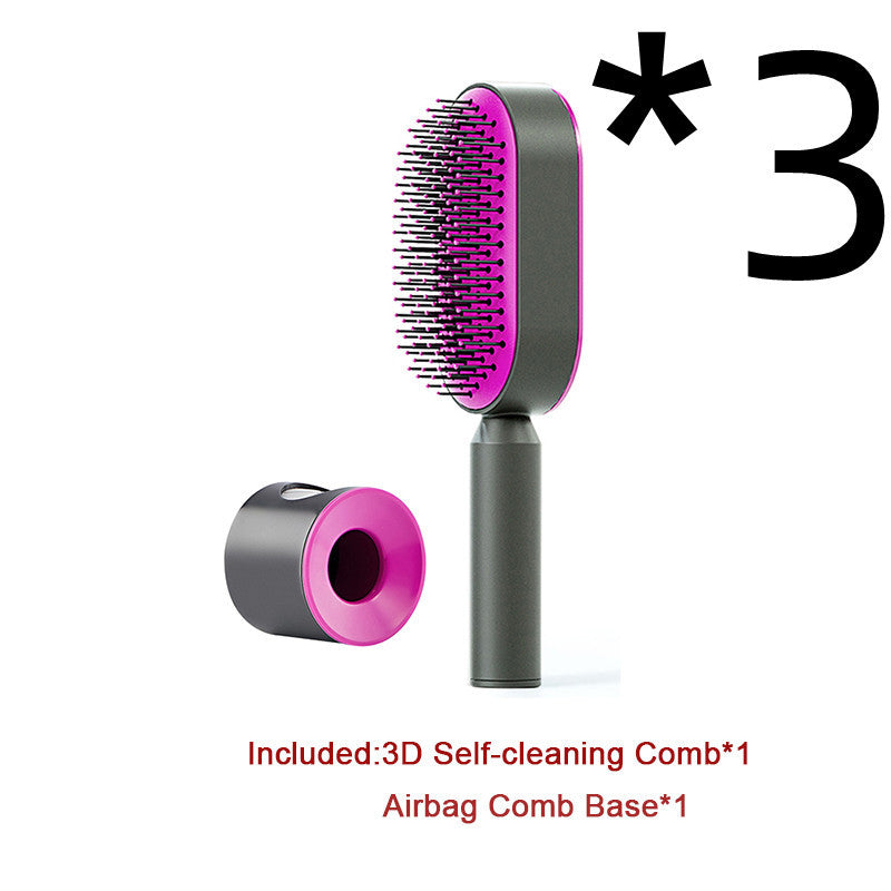 Yiwu Renfan self cleaning hair brush with 3D self-cleaning comb and airbag comb base in black and purple