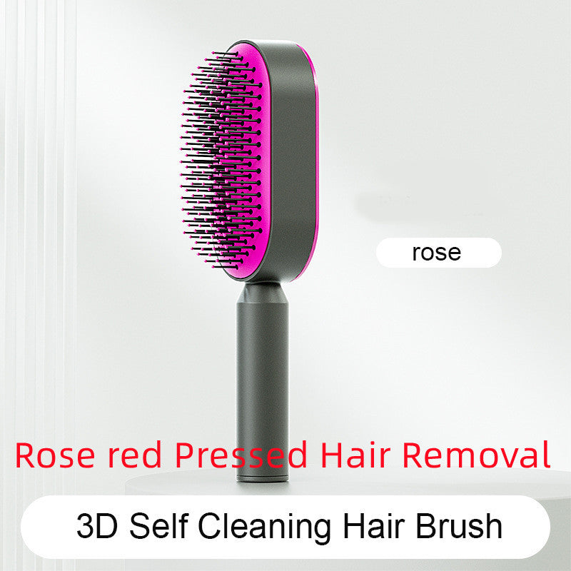 Yiwu Renfan rose red self cleaning hair brush with airbag massage for hair loss