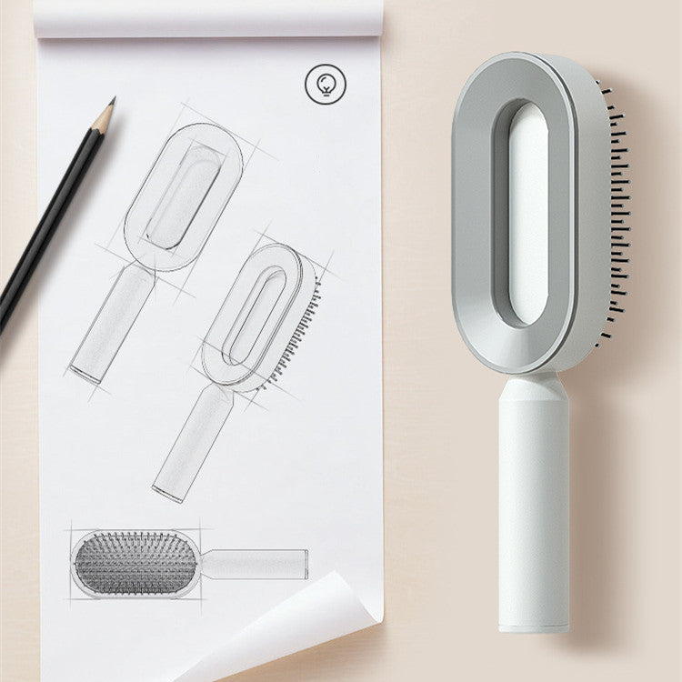Yiwu Renfan self cleaning hair brush with airbag massage design and technical sketches on paper