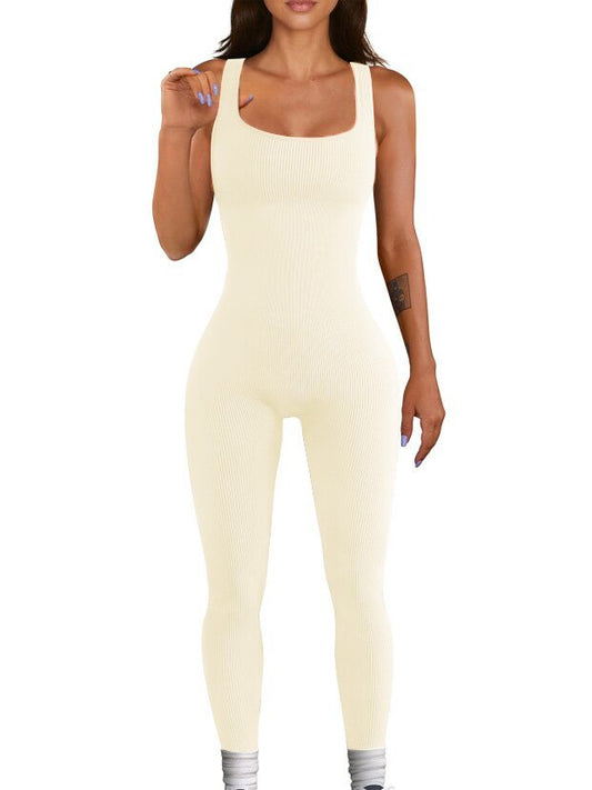 Cream Women's Suspender Tank Top Tights, perfect sleek workout bodysuit for women with a fitted design