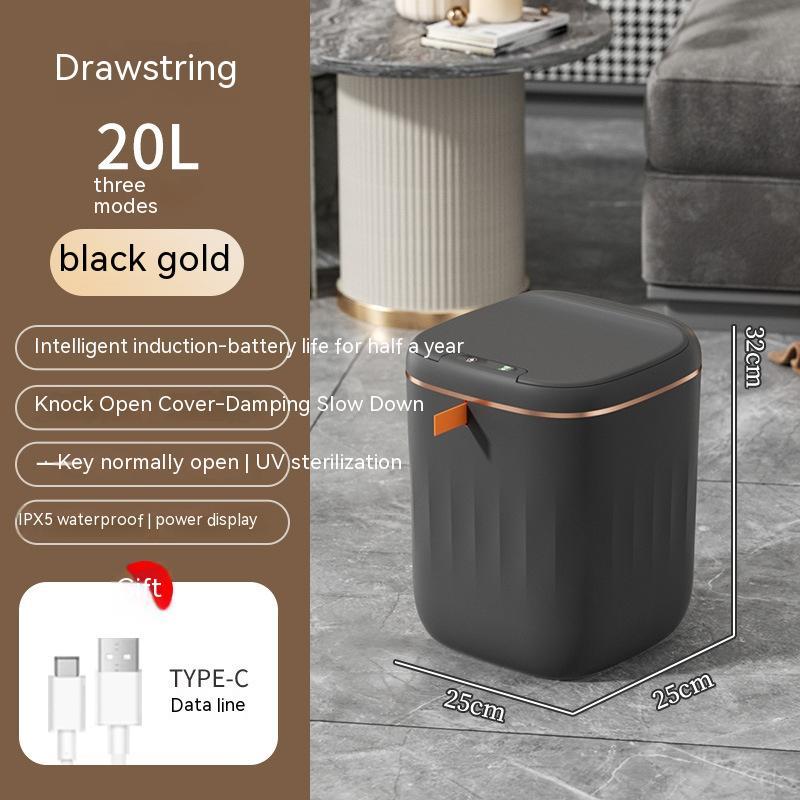 Yiwu Renfan black gold smart trash bin for bathroom with 20L capacity and intelligent induction