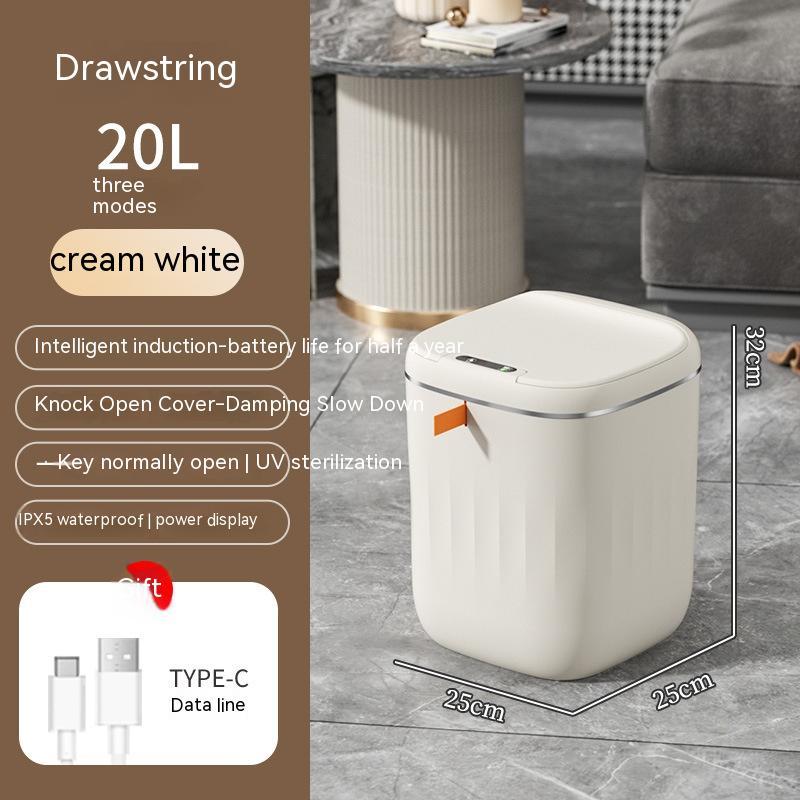 Cream white smart trash bin for bathroom 20L with intelligent induction and UV sterilization