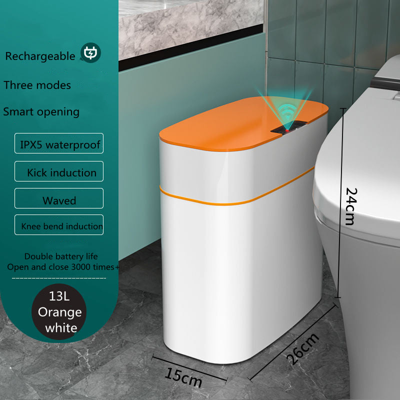 Yiwu Renfan smart trash bin for bathroom with orange lid, 13L capacity and touchless smart opening