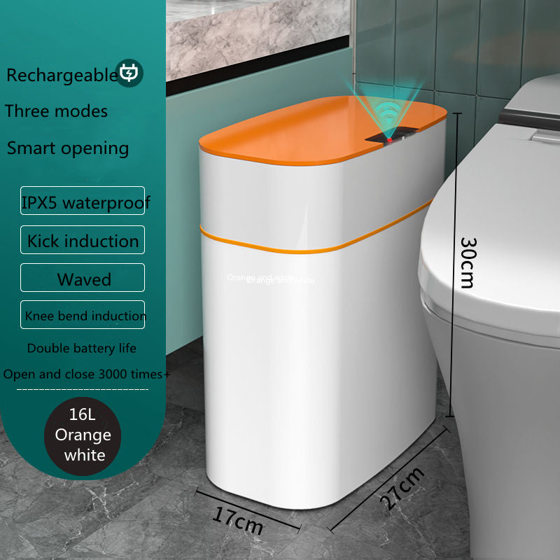 Yiwu Renfan smart trash bin for bathroom with orange lid and white body, 16L capacity, and smart opening modes