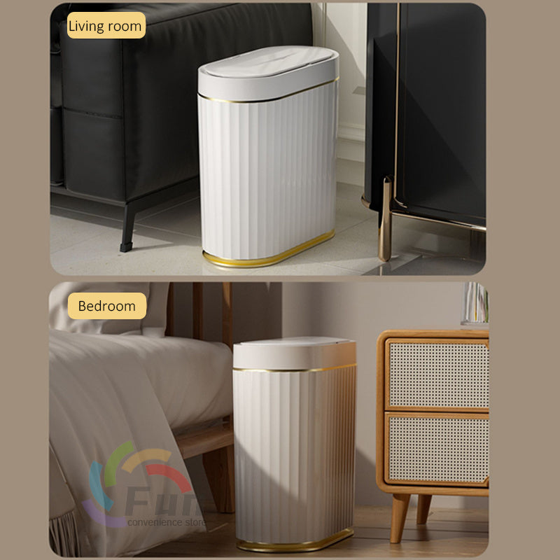Yiwu Renfan smart trash bin for bathroom with white ribbed design and gold accents in living room and bedroom