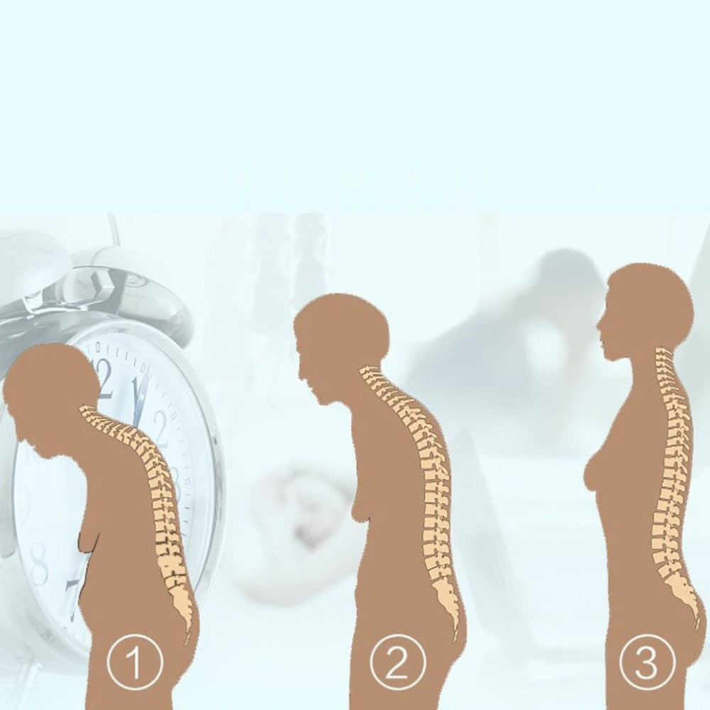 Illustration showing spine posture corrector for back pain with steps for better posture