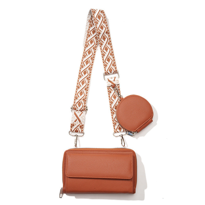 Stylish phone bag for women in brown with detachable patterned strap and small coin pouch