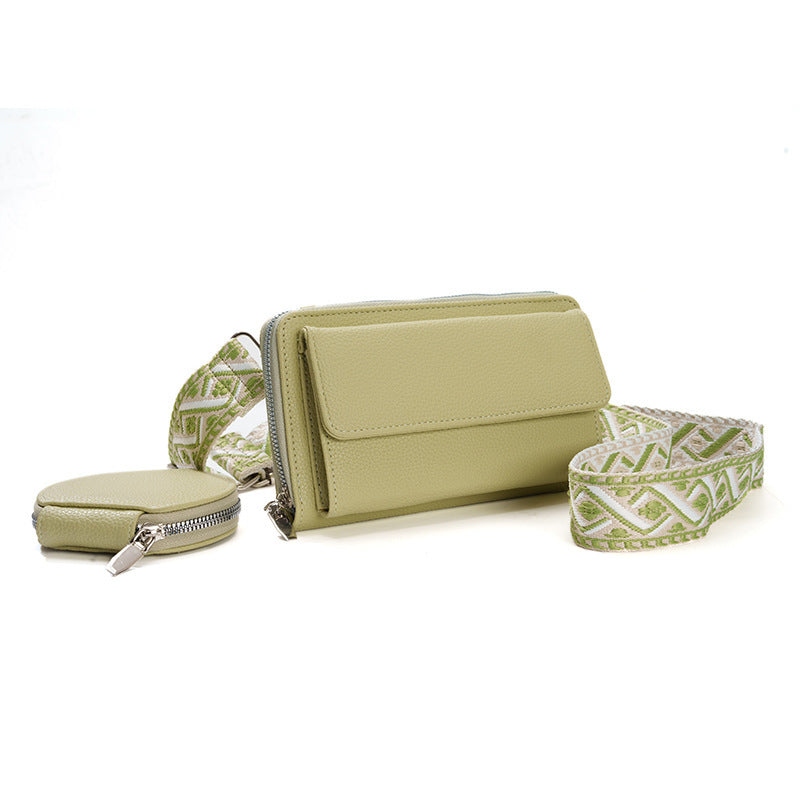 Stylish phone bag for women in light green with detachable patterned strap and round coin pouch