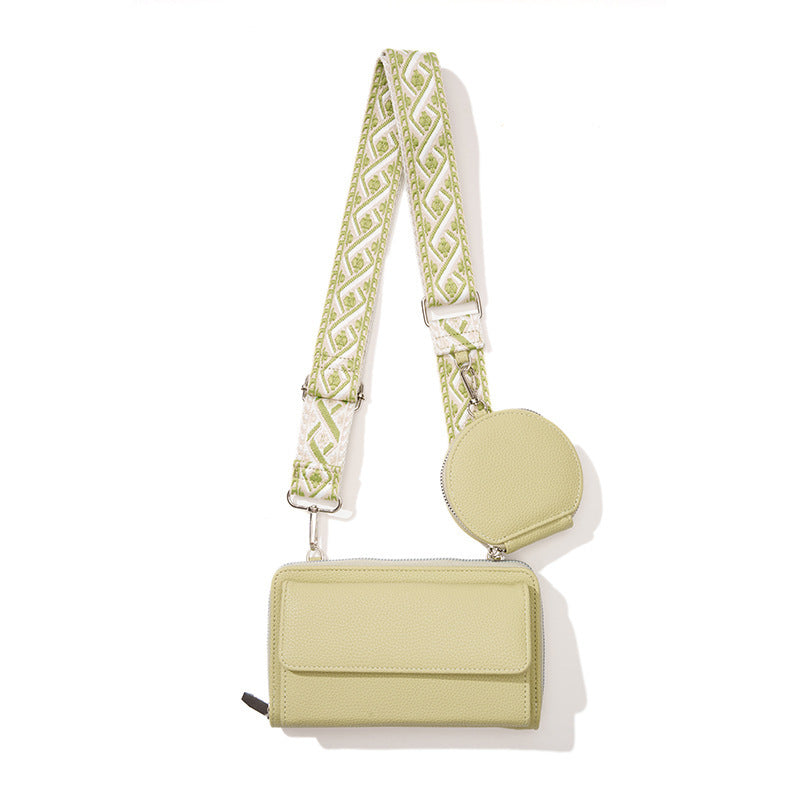 Stylish phone bag for women in light green with adjustable patterned strap and round coin pouch