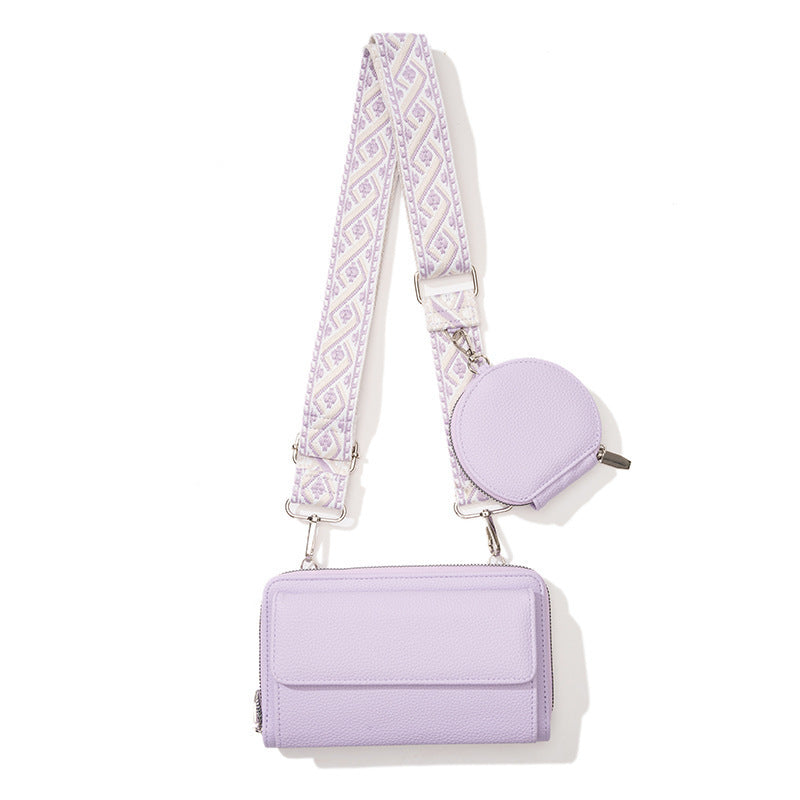 Lilac stylish phone bag for women with adjustable patterned strap and small round coin pouch