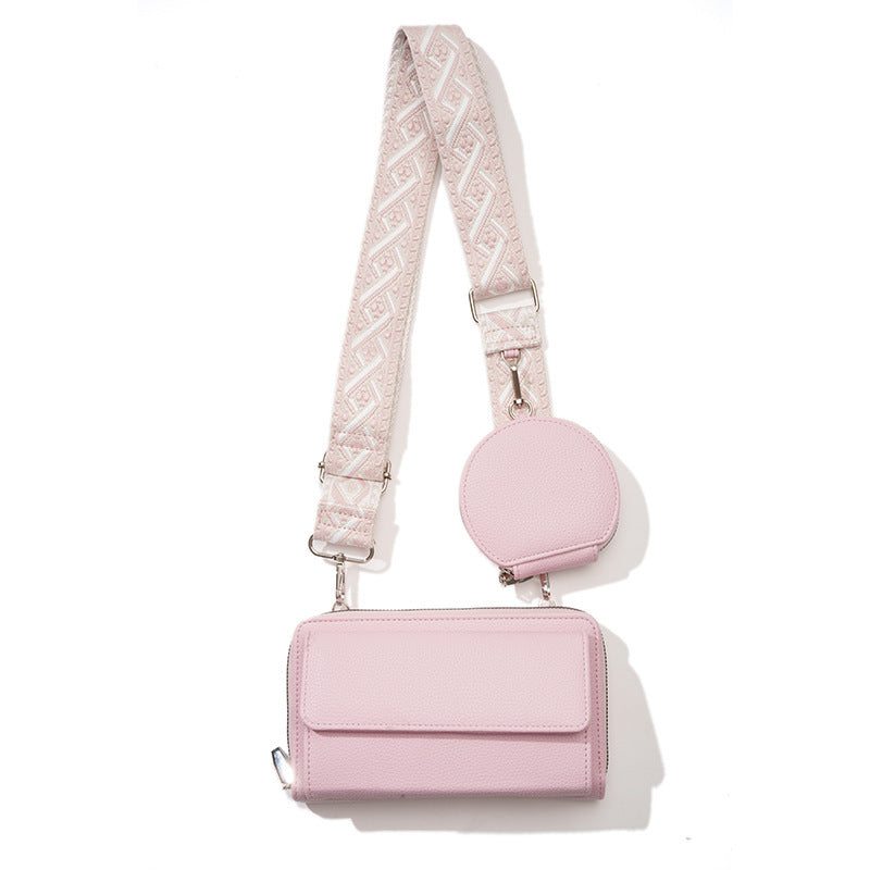 Pink stylish phone bag for women with adjustable patterned strap and small round coin pouch
