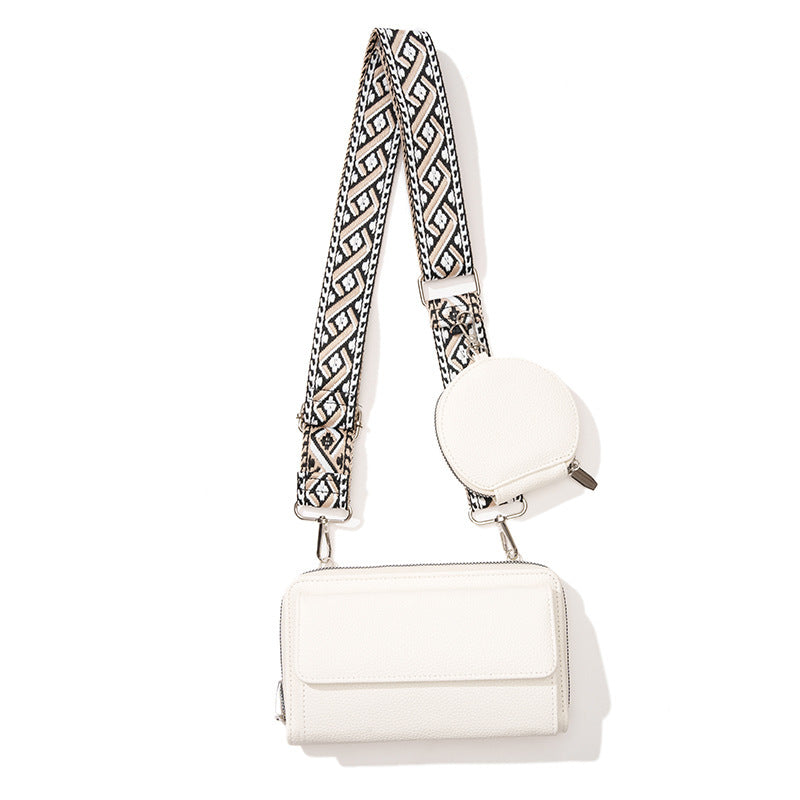 White stylish phone bag for women with patterned adjustable strap and small round coin pouch