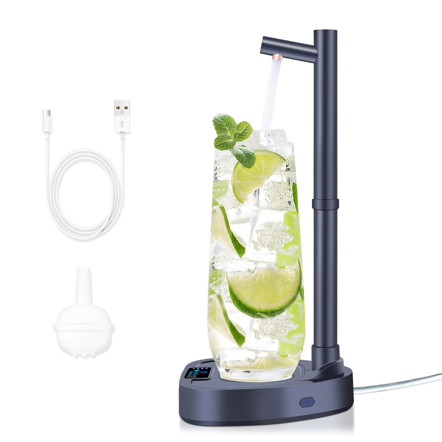 Hangzhou Jingqian desktop rechargeable touch control water dispenser pouring water into a glass with lime and ice