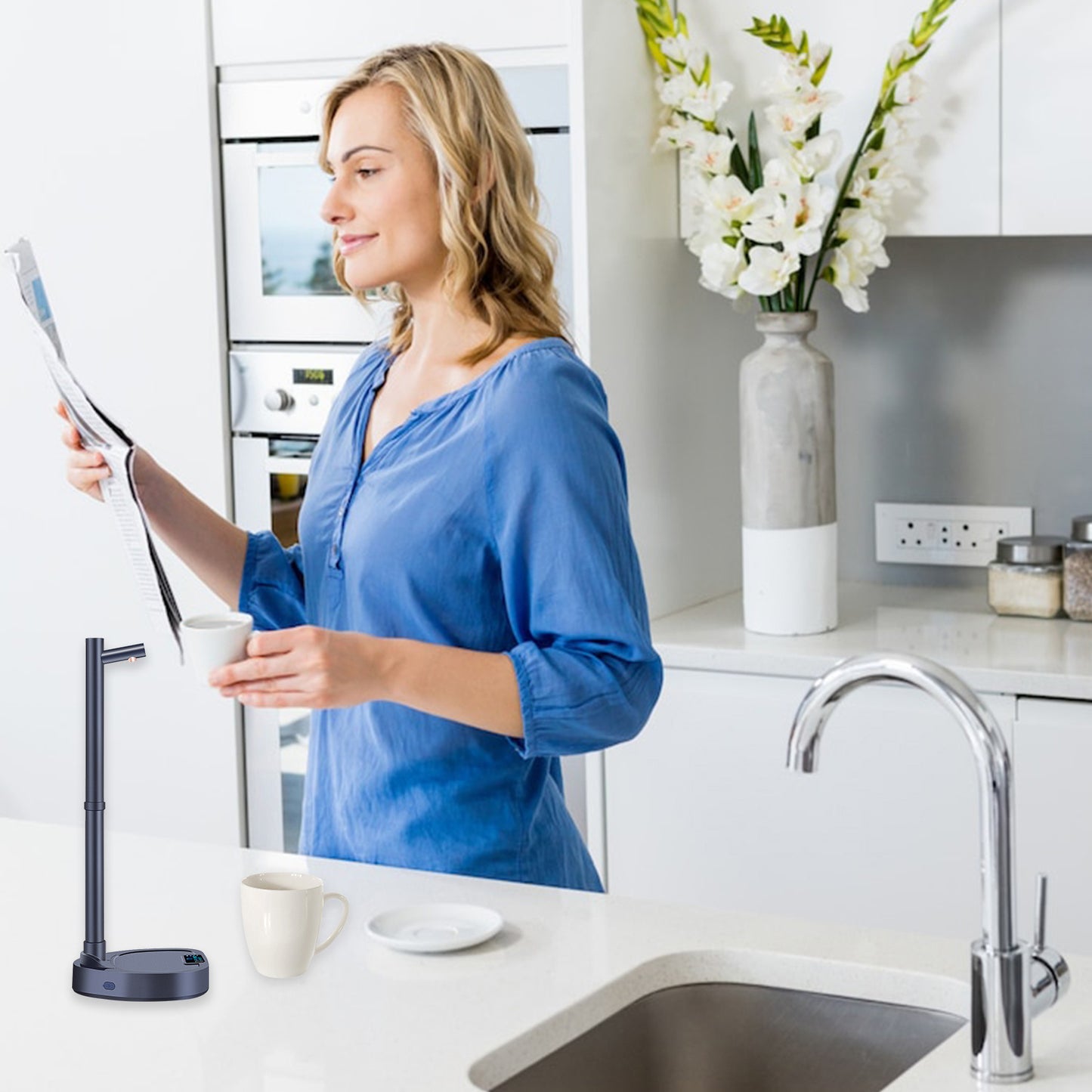 Hangzhou Jingqian desktop rechargeable touch control water dispenser on kitchen counter with woman holding cup