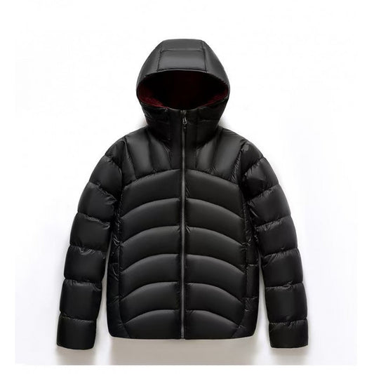 One Store unisex hooded down jacket in black with a sleek design and warm insulation