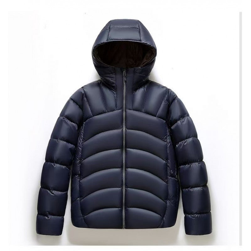 Stylish unisex hooded down jacket in navy blue with a quilted design for warmth and comfort