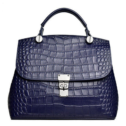 Yiwu Renfan women's genuine leather handbag in dark blue with crocodile texture and silver clasp
