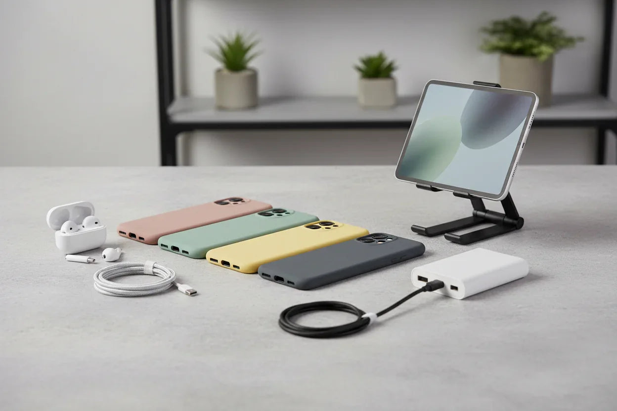 Flat lay of smartphone with blue headphones phone case earbuds chargers and power bank mobile accessories online collection image