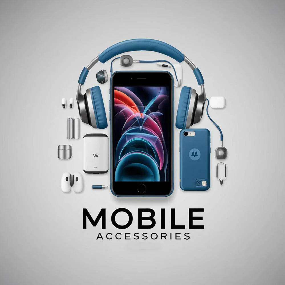 Flat lay of smartphone with blue headphones phone case earbuds chargers and power bank mobile accessories online collection image