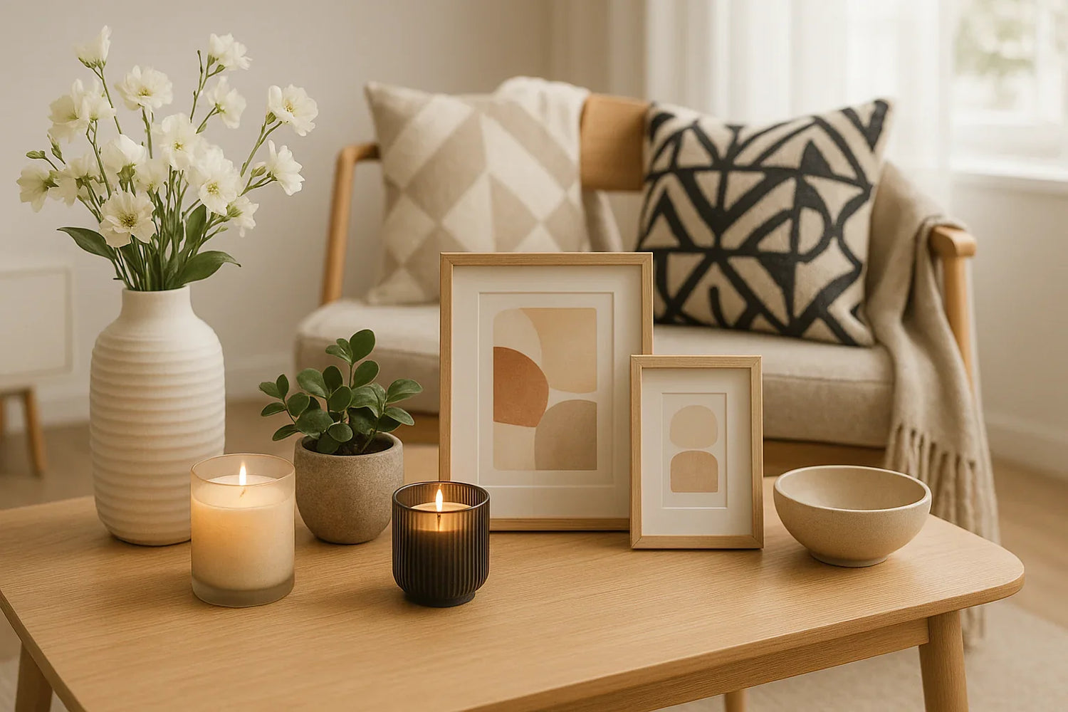 Gold sculptural twig vases and sunburst mirror with metallic accents showcasing luxury home decor accessories