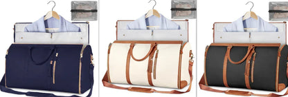 Three travel garment bags in navy, cream, and black with brown trim, each holding a hanging suit jacket and accessory pouch