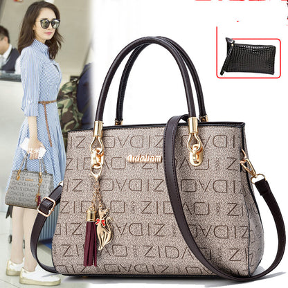 Designer handbag with brand name and decorative elements, featuring a woman in the background.