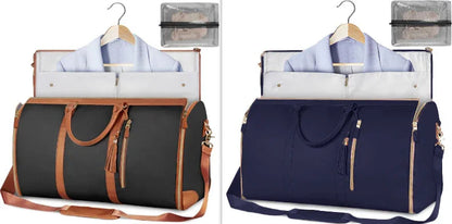 Two foldable garment bags with brown and navy leather handles, each holding a suit and a mesh toiletry pouch