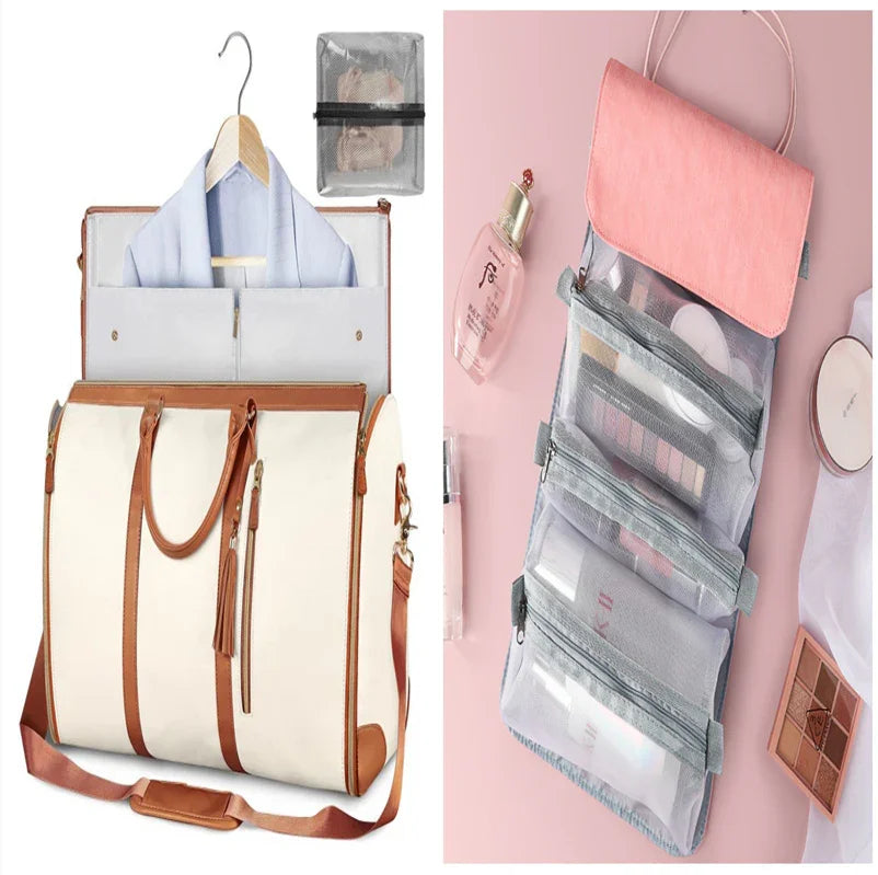 Two travel bags with compartments for clothes and cosmetics, one cream with brown accents and one pink hanging organizer