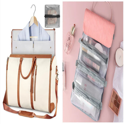 Two travel bags with compartments for clothes and cosmetics, one cream with brown accents and one pink hanging organizer
