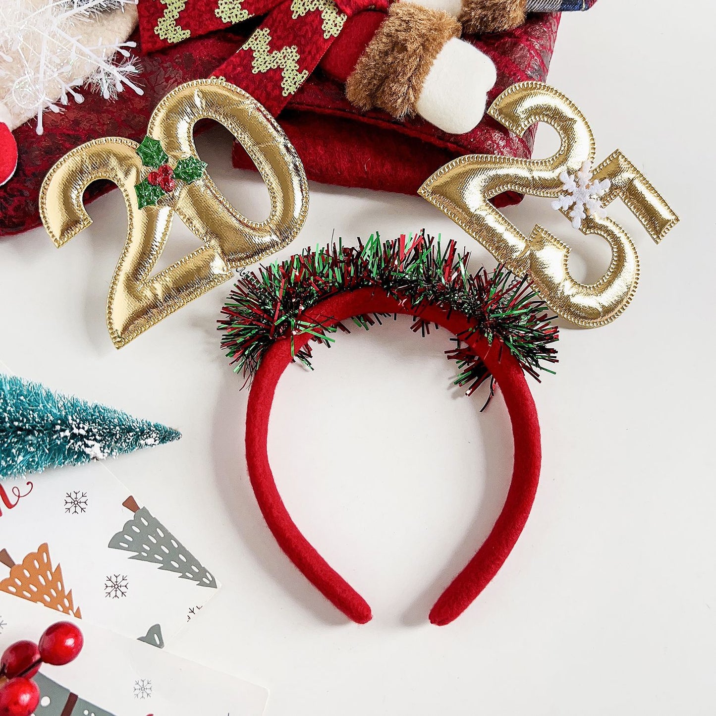 2025 Christmas headband for women featuring red with festive greenery and holiday decorations