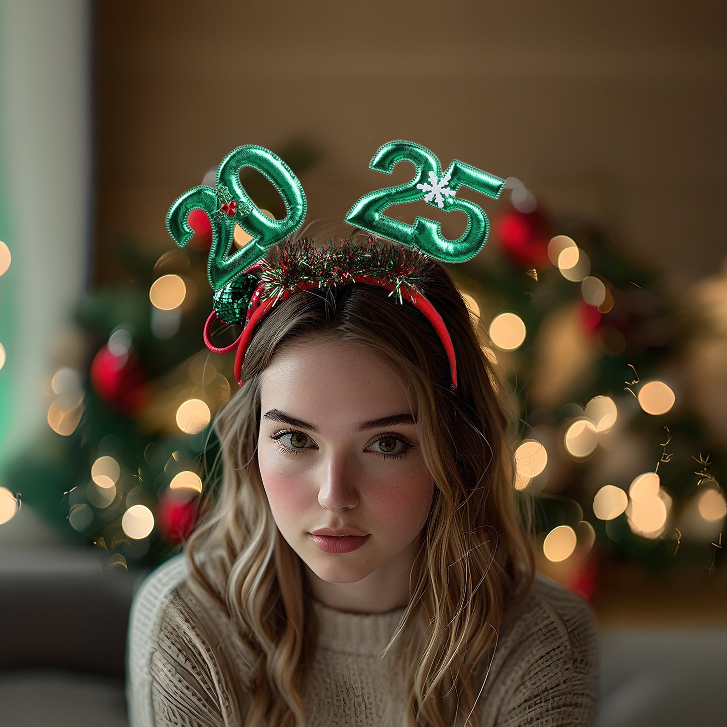 Festive 2025 Christmas headband for women with glittery decorations and sparkling numbers