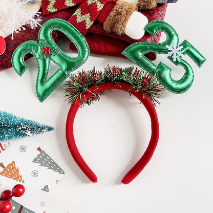 2025 Christmas headband for women with festive green numbers and a red felt base
