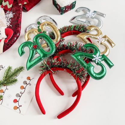 Festive 2025 Christmas headband for women with colorful numbers and decorative tinsel accents