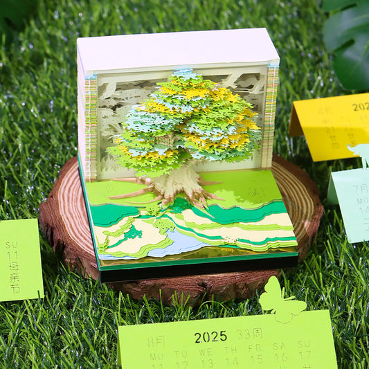 2025 creative calendar featuring a pop-up tree design with colorful leaves and intricate details
