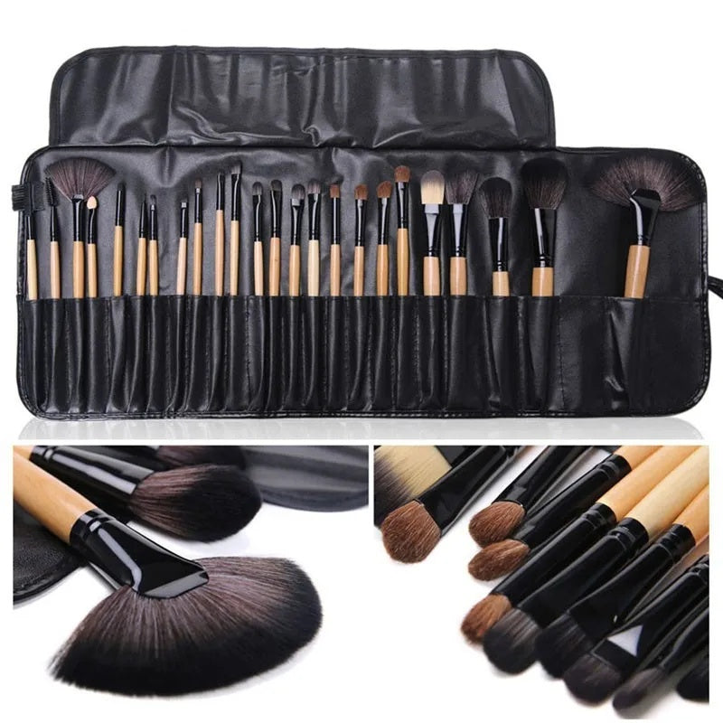 24 piece makeup brush set with soft bristles and wooden handles for professional cosmetic application